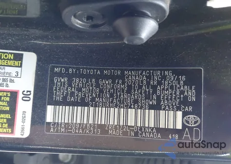 2017 Toyota Corolla Le from USA, damaged, VIN 2T1BURHE2HC748736